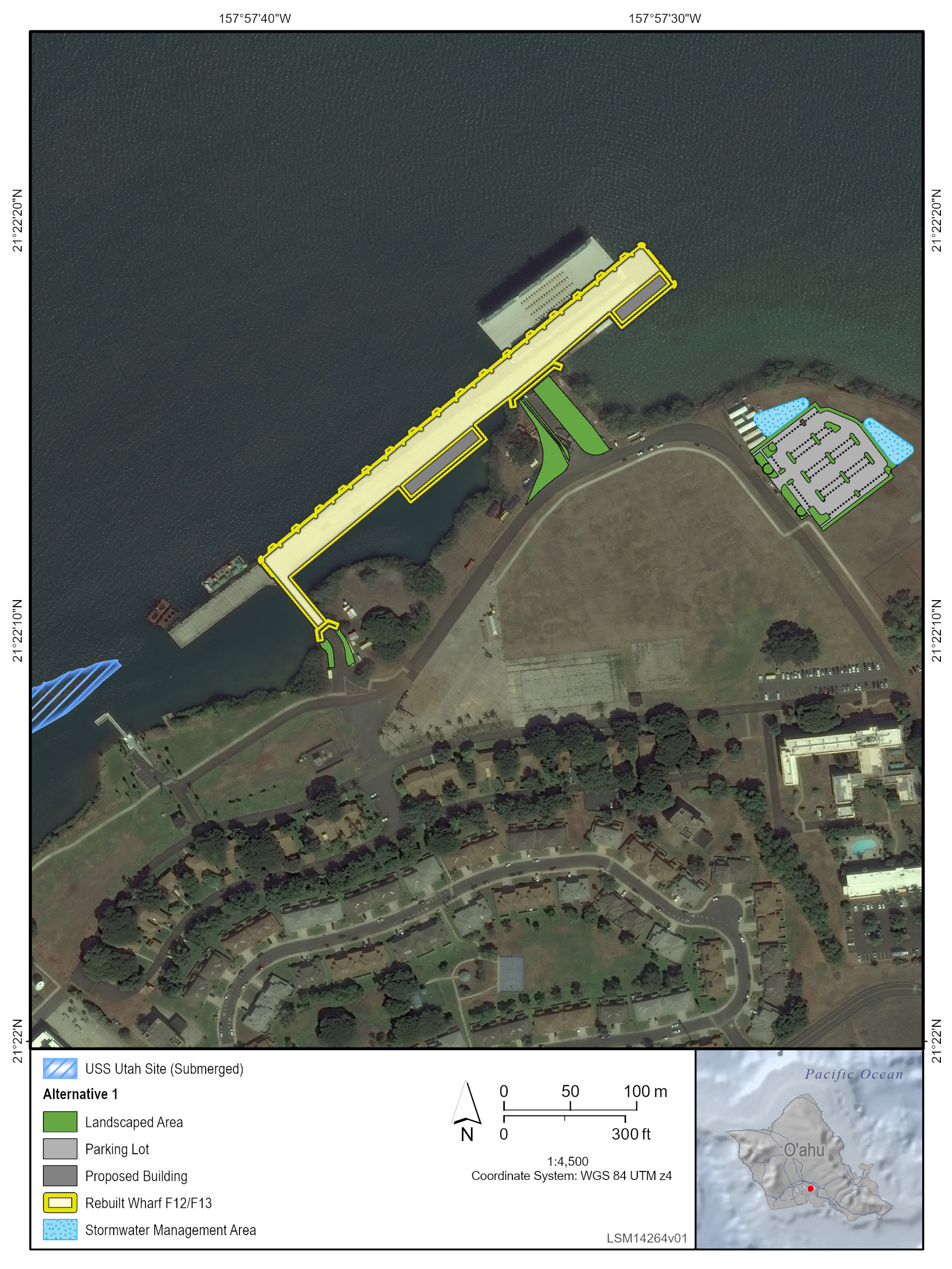 This is a graphic showing Alternative 1 components such as landscape areas, parking lots, proposed buildings, the rebuilt Wharf F12/F13, stormwater management areas, and proximity to the submerged USS Utah site.